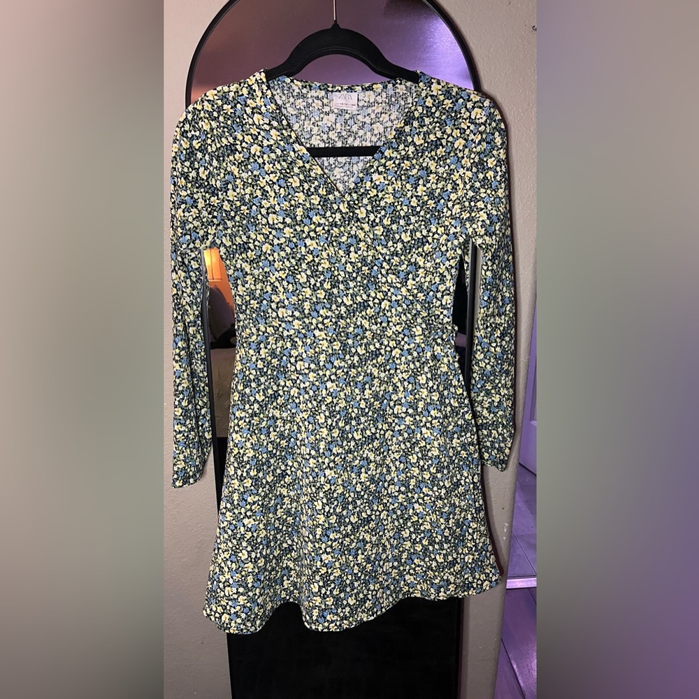 Zara Blue and Yellow Floral V-Neck Long Sleeve Tunic Dress